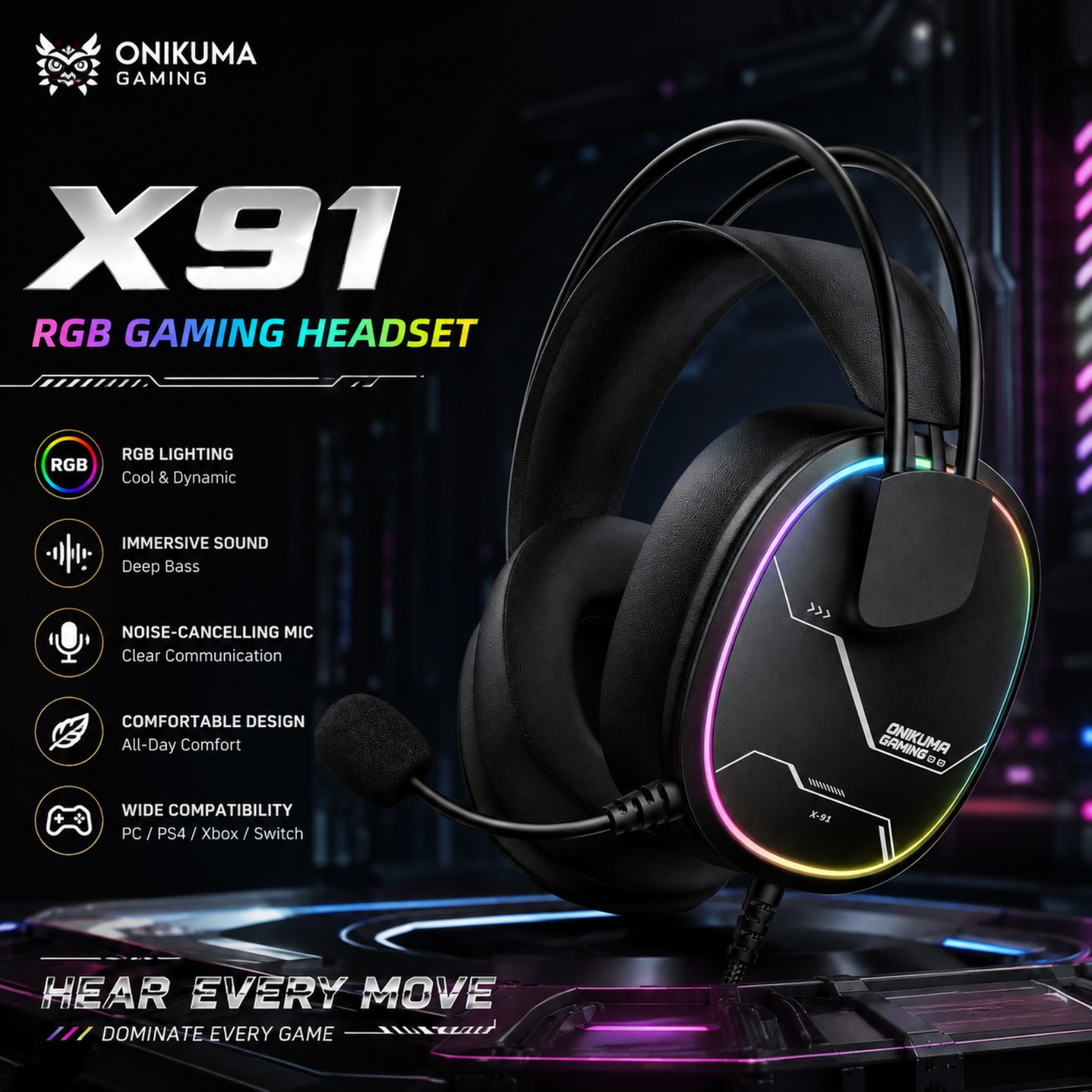 Gaming Headset With Mic Rgb - ONIKUMA X91 유선 게이밍 헤드셋 RGB