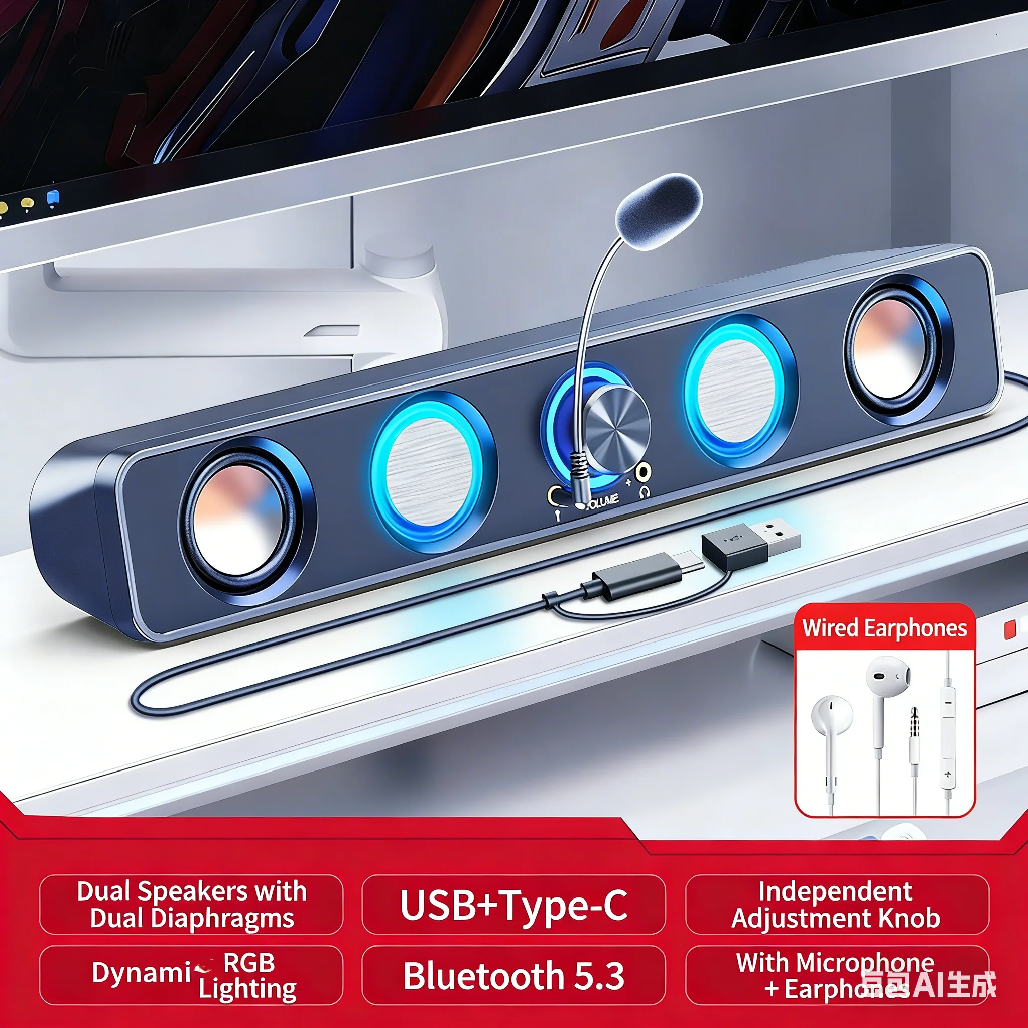 RGB 게이밍 사운드바 2.0 서라운드 사운드 분리형  - Rgb Computer Soundbar For Pc 리뷰 및 가격